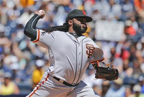 San Francisco Giants starter Johnny Cueto works against the San Diego Padres in the first inning of a baseball game Sunday