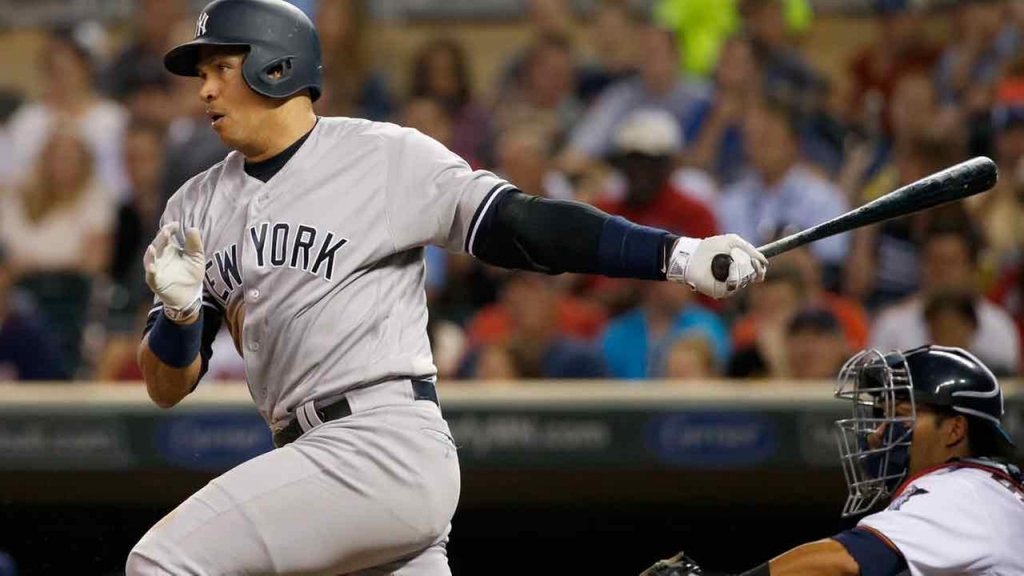 New York Yankees designated hitter Alex Rodriguez follows through on an infield single during the seventh inning of a baseball game in Minneapolis Thursday