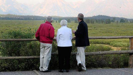 William C. Dudley Janet Yellen and Stanley Fischer in Jackson Hole