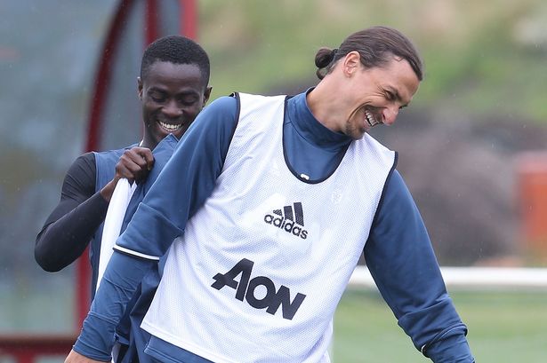 Ibrahimovic enjoys a joke with Bailly