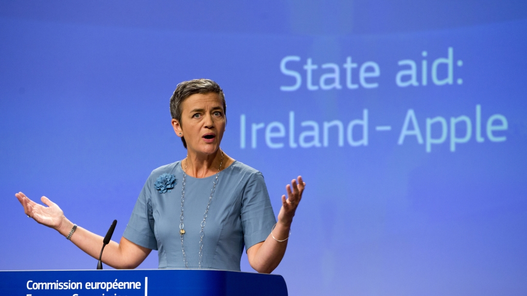 European Union Competition Commissioner Margrethe Vestager speaks during a media conference at EU headquarters in Brussels on Tuesday. The European Union says Ireland has given illegal tax benefits to Apple Inc. and must now recover the unpaid back taxes