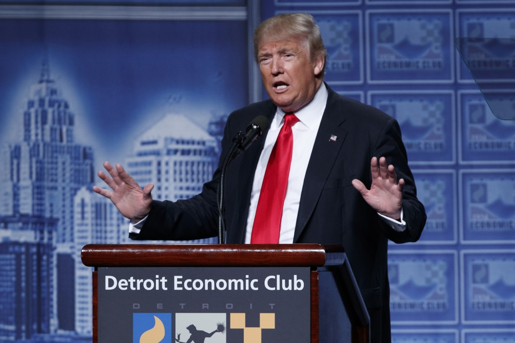 Republican presidential candidate Donald Trump delivers an economic policy speech to the Detroit Economic Club Monday Aug. 8 2016 in Detroit