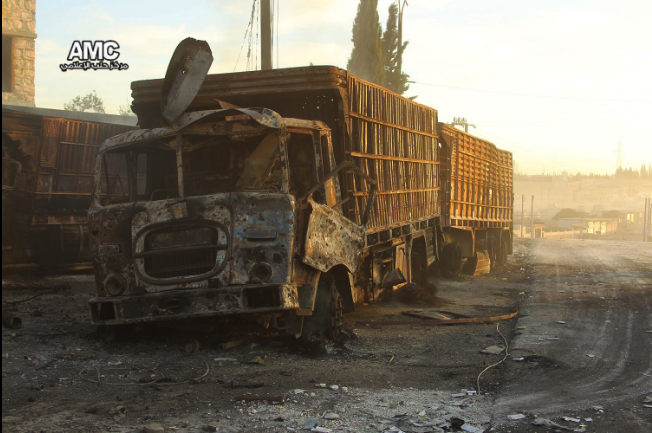 Aid truck destroyed in Monday airstrikes