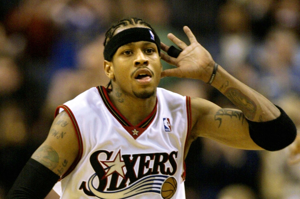 Philadelphia 76ers&#039 Allen Iverson calls for crowd noise during the final minutes of the 76ers 96-93 win over the Indiana Pacers Wednesday