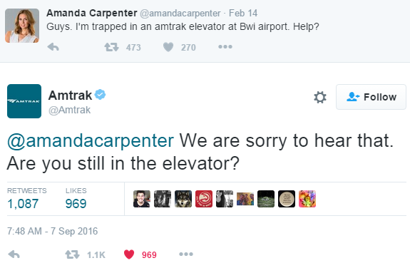 'Are you still in the elevator?,' Amtrak replies to woman stuck in elevator tweet 7 months later