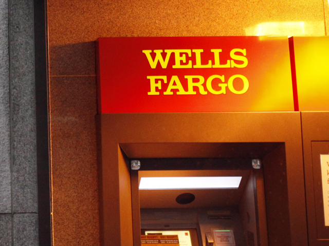 An ATM is located at a Wells Fargo bank in the financial district in San Francisco California