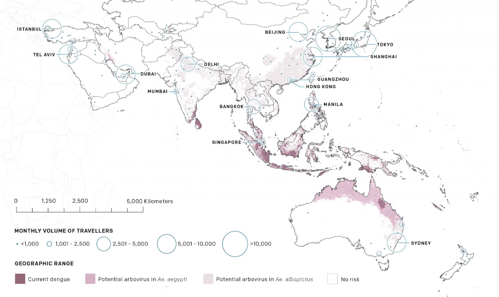 Asia Pacific mapped showing travel density and existing disease carrying-mosquito populations