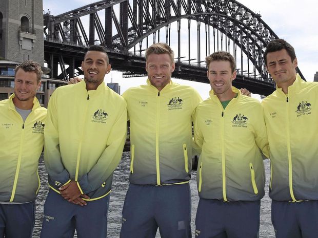 Australia's Davis Cup tennis team captain Lleyton Hewitt Nick Kyrgios Sam Groth John Peers and Bernard Tomic