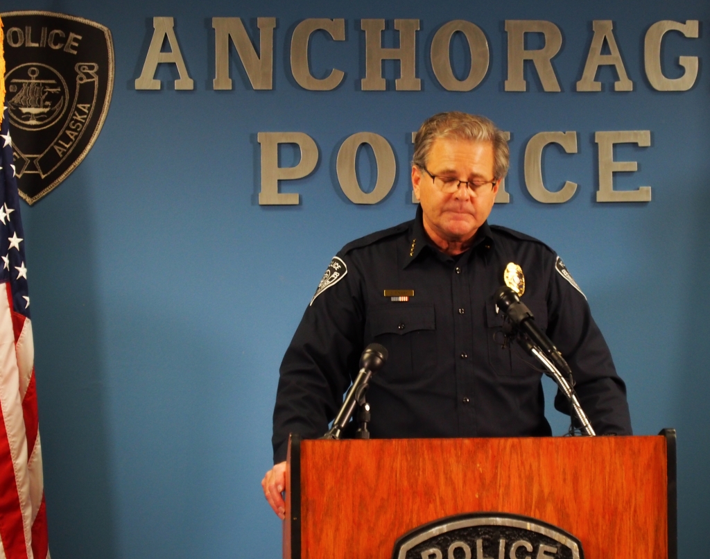 Police Chief Chris Tolley speaking to reporters during a press conference Friday at APD Headquarters