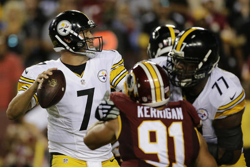 Pittsburgh Steelers quarterback Ben Roethlisberger looks for an opening to pass during the first half of an NFL football game against the Washington Redskins in Landover Md. Monday Sept. 12 2016