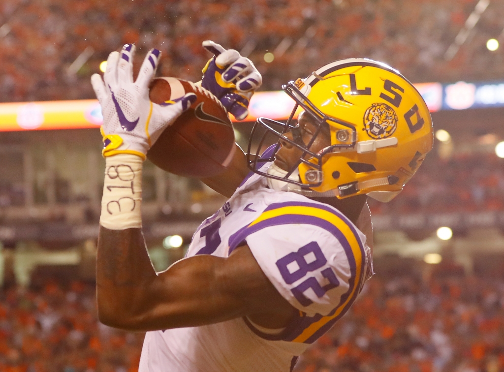 AUBURN AL- SEPTEMBER 24 D.J. Chark #82 of the LSU Tigers pulls in this touchdown reception to end the game against the Auburn Tigers at Jordan Hare Stadium