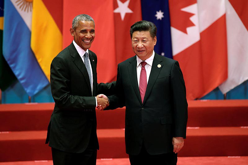 HANGZHOU SEP 4: Chinese President Xi Jinping and U.S. President Barack Obama shake hands during the G20 Summit in Hangzhou Zhejiang province China