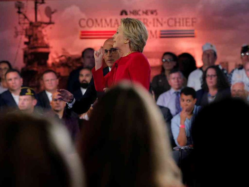 US Democratic presidential candidate Hillary Clinton speaks at a presidential candidates 'Commander-in-Chief&#039 forum aboard the decommissioned aircraft carrier 'intrepid&#039 in New York United States