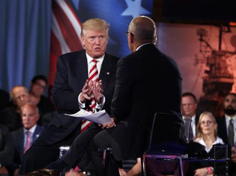 Republican presidential candidate Donald Trump speaks with 'Today&#039 show co-anchor Matt Lauer at the NBC Commander-In-Chief Forum held at the Intrepid Sea Air and Space museum aboard the decommissioned aircraft carrier Intrepid New York Wednes