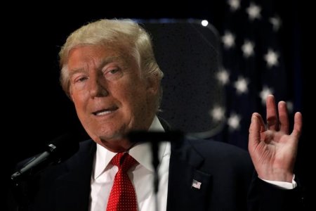 Republican presidential nominee Donald Trump reads off a teleprompter as he speaks at the Cleveland Arts and Social Sciences Academy in Cleveland Ohio U.S