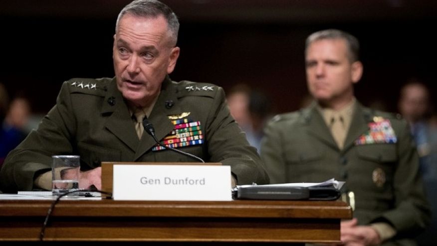 Joint Chiefs Chairman Gen. Joseph Dunford testifies on Capitol Hill in Washington Thursday Sept. 22 2016 before the Senate Armed Services Committee hearing