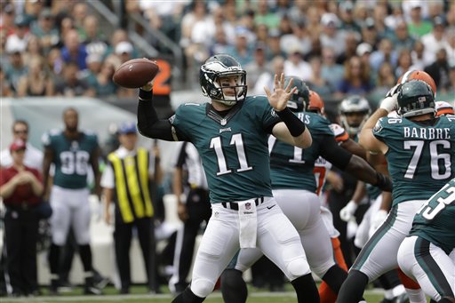 Philadelphia Eagles quarterback Carson Wentz in action during the first half of an NFL football game against the Cleveland Browns Sunday Sept. 11 2016 in Philadelphia