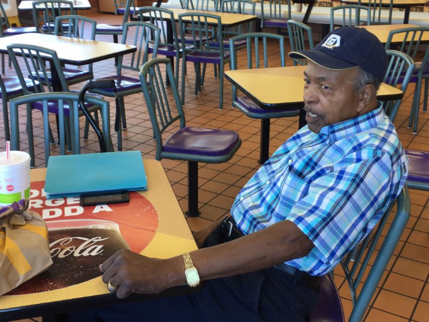 James Smith a 79-year-old former butcher chats with fellow retirees in East Cleveland Ohio on Aug. 22 2016. While the group echoed many of Donald Trump's arguments they all plan to vote for Hillary Clinton and nearly all believe Trump's