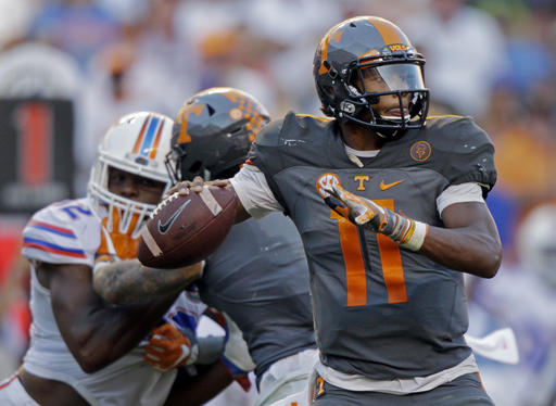 Tennessee quarterback Joshua Dobbs throws to a receiver during the second half of an NCAA college football game against Florida Saturday Sept. 24 2016 in Knoxville Tenn. Tennessee won 38-28