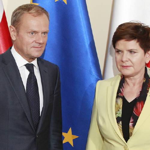 Minister Beata Szydlo,right greets European Council President Donald Tusk prior to talks on EU future after Britain leaves in Warsaw Poland Tuesday Sept. 13 2016. Ahead of EU summit on Friday Szydlo says EU needs deep