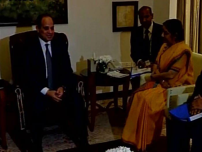 Egyptian President Abdel Fattah Al Sisi arrived in New Delhi on Thursday on a three-day visit and met with External Affairs Minister Sushma Swaraj