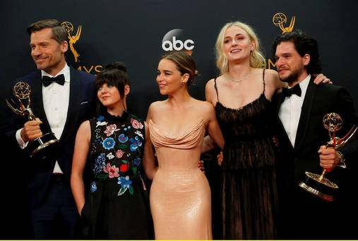 Nikolaj Coster Waldau, Maisie Williams Emilia Clarke Sophie Turner and Kit Harrington of HBO's