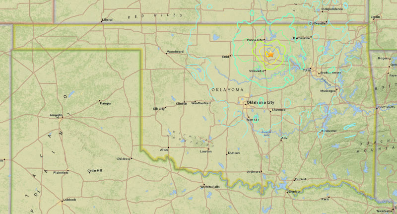 Enlarge  USGS map showing the epicenter of Saturday's earthquake and contours of estimated shaking