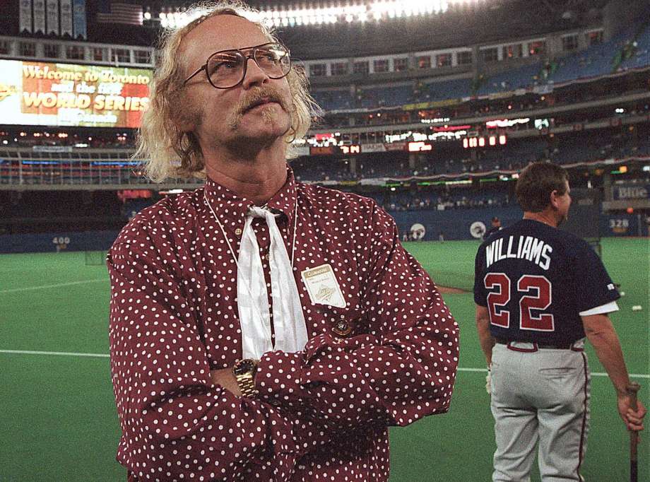 W.P. Kinsella standing on the baseball field before game five of the World Series between Toronto Blue Jays and Atlanta Braves in Toronto Ontario. Kinsella the author of'Shoeless Joe' the awar