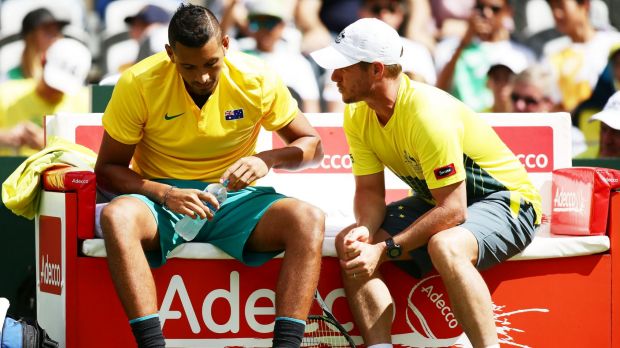 Friendly advice Lleyton Hewitt speaks to Nick Kyrgios during the Davis Cup tie at Sydney Olympic Park Tennis Centre