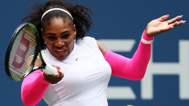 Serena Williams hammers a forehand in her win over Johanna Larsson at the US Open in New York