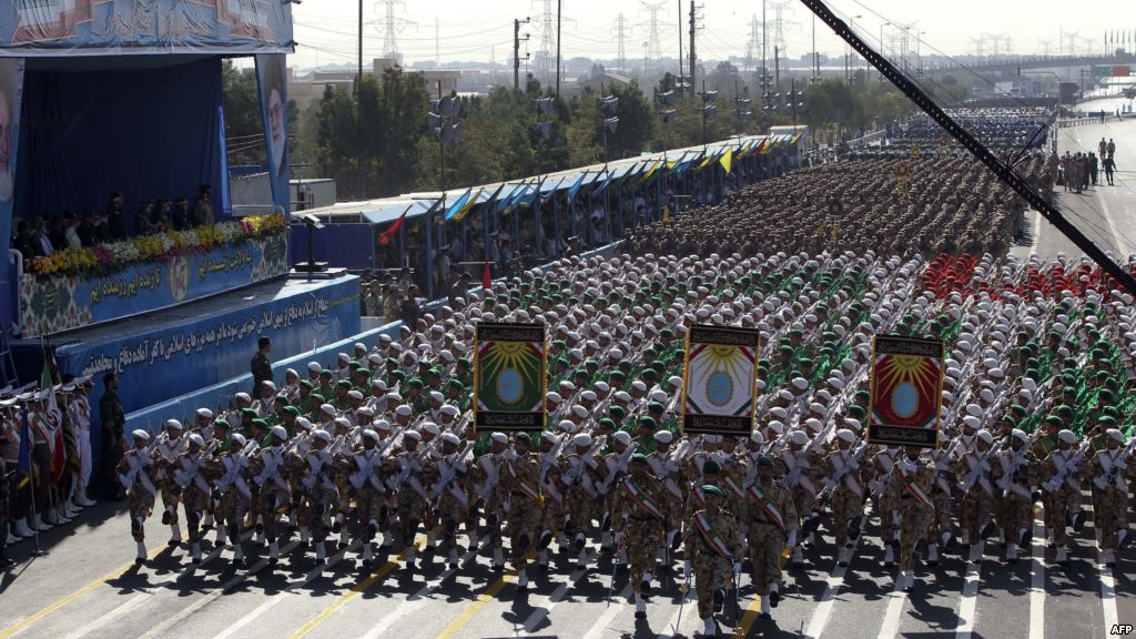 Iranian soldiers march during the annual military parade marking the anniversary of the start of Iran's 1980-1988 war with Iraq