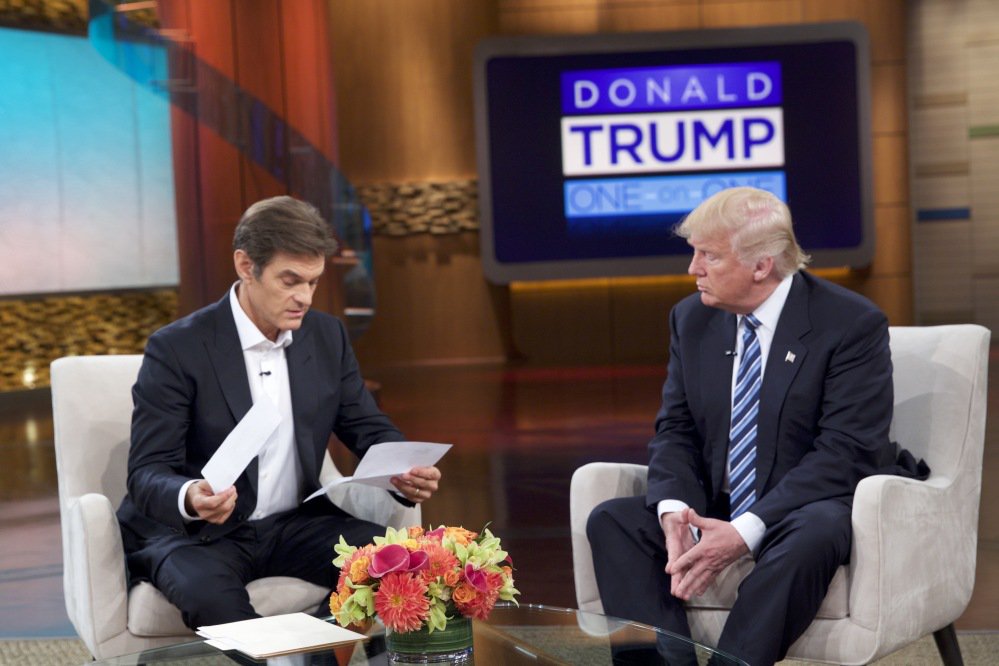 Dr. Oz left and Republican presidential candidate Donald Trump during a taping