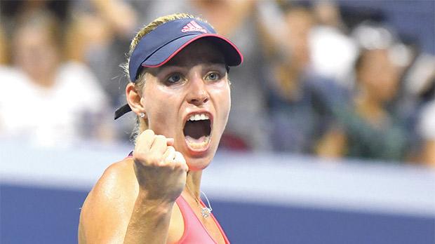 Angelique Kerber reacts after beating Caroline Wozniacki