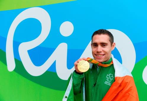 Jason Smyth with his gold medal for winning the men’s 100m T13 Final at the Paralympic Games in Rio yesterday