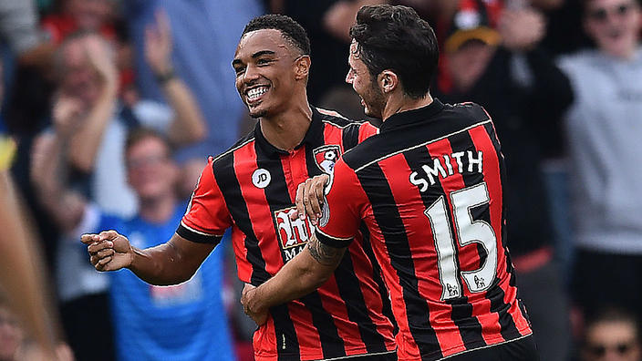 Junior Stanislas left celebrates after netting against Everton