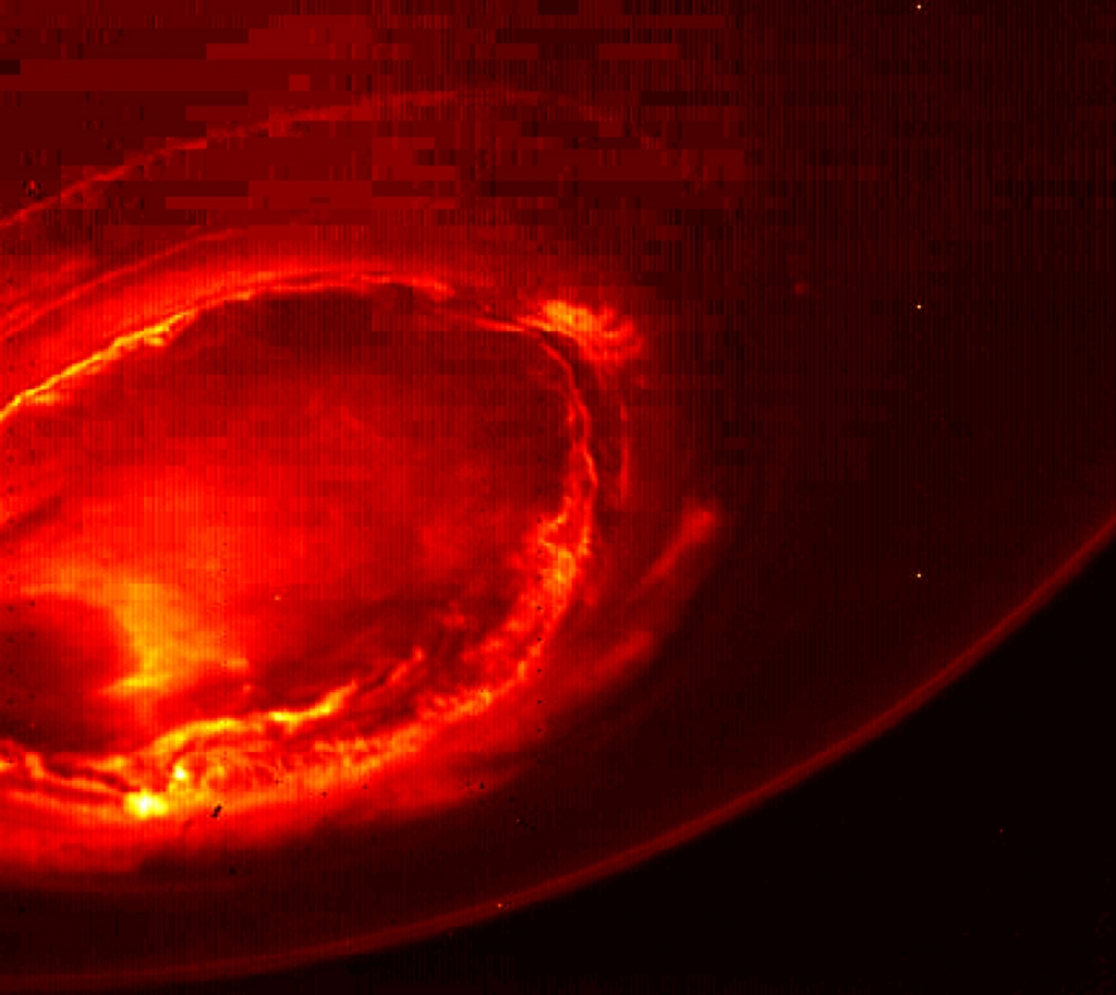 This infrared image gives an unprecedented view of the southern aurora of Jupiter as captured by NASA's Juno spacecraft