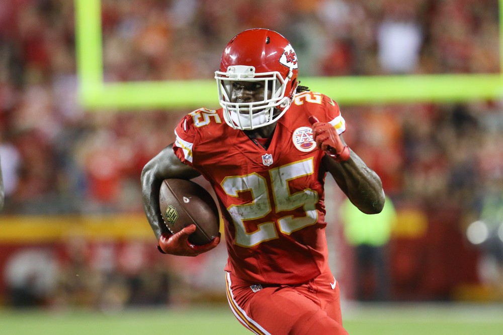 Kansas City Chiefs running back Jamaal Charles during the game between the Denver Broncos and Kansas City Chiefs at Arrowhead Stadium in Kansas City MO. The Broncos defeated the Chiefs 31-24