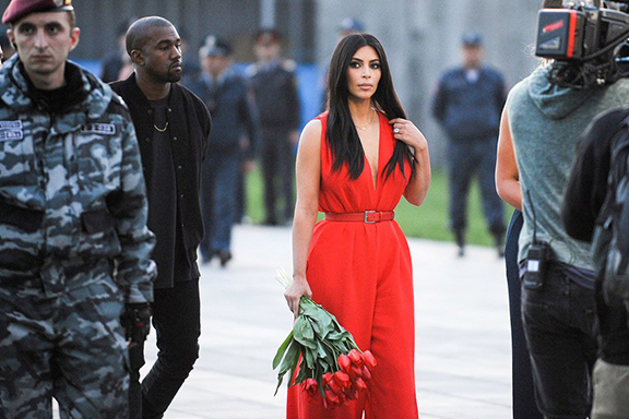 Kim Kardashian and her husband Kanye West at Dzidzernagapert during their 2015 visit to Armenia