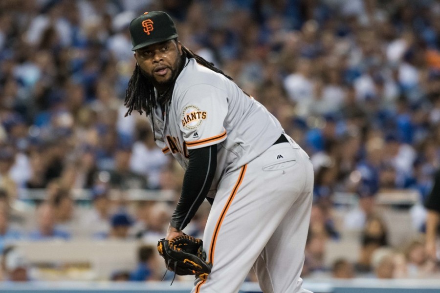 19 September 2016 San Francisco Giants Starting pitcher Johnny Cueto checks over to first base during the game against the Los Angeles Dodgers played at Dodger Stadium in Los Angeles CA