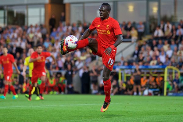 Liverpool's Sadio Mane in action against Burton Albion during the Football League Cup 2nd Round match at the Pirelli Stadium