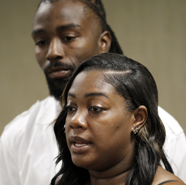 Shantel Allen right a resident of the West Calumet Housing Complex speaks during a news conference with her husband Charles on Tuesday Aug. 30 2016