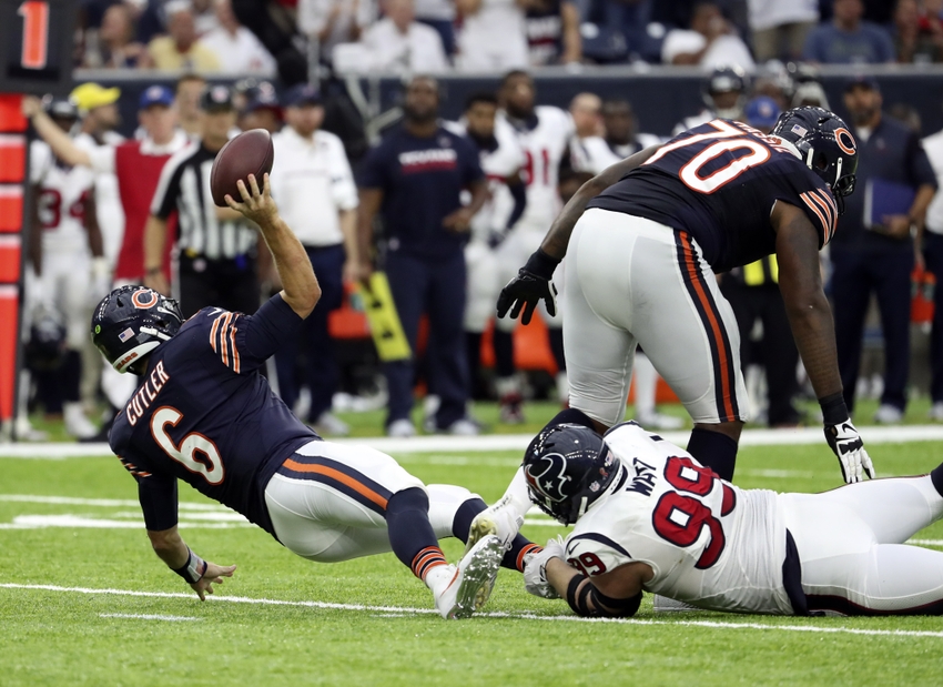 Sep 11 2016 Houston TX USA Houston Texans defensive end J.J. Watt grabs the leg of Chicago Bears quarterback Jay Cutler during the second half at NRG Stadium. Mandatory Credit Kevin Jairaj-USA TODAY Sports