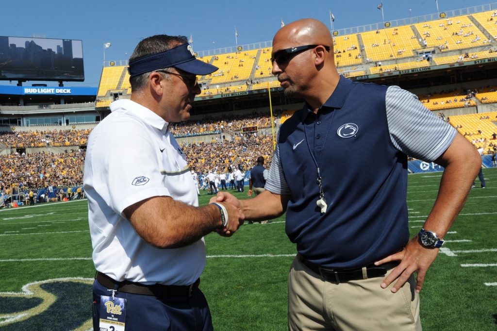 20160910mfpittsports09 Pitt coach Pat Narduzzi greets Penn State coach James Franklin before Saturday's game at Heinz Field