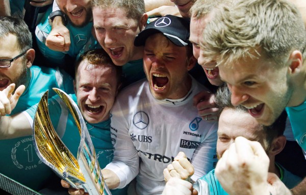 Mercedes Nico Rosberg of Germany celebrates winning the Singapore Grand Prix at Marina Bay on 18 September 2016