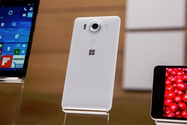 Microsoft Surface Phone 2016 predecessor Microsfot Lumia 950 sit on display at a media event for new Microsoft products