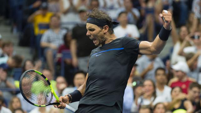 Rafael Nadal of Spain celebrates match point against Andrey Kuznetsov of Russia during their 2016 US Open men’s singles match at the USTA Billie Jean King National Tennis Center