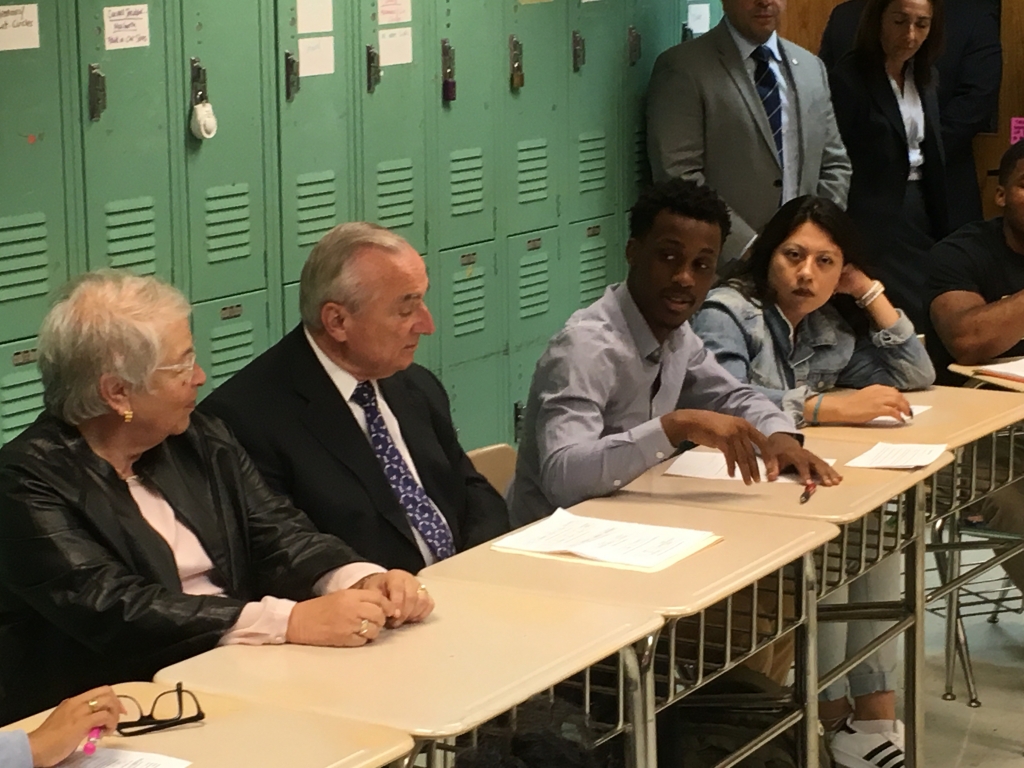 Chancellor Carmen Fariña and NYPD Commissioner William Bratton listen to students talk about restorative justice Thursday at Manhattan's Leadership and Public Service High School