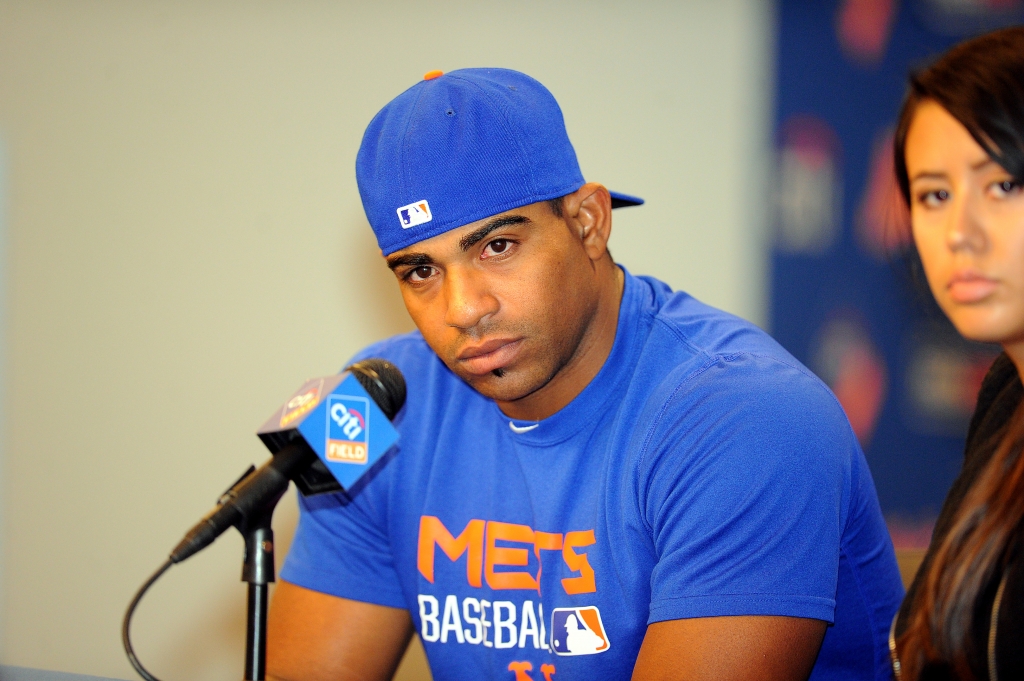 10/06/15 N.Y. Mets work out day at Ciitifield Queens N.Y. New York Mets center fielder Yoenis Cespedes #52 at a presser before the workout today