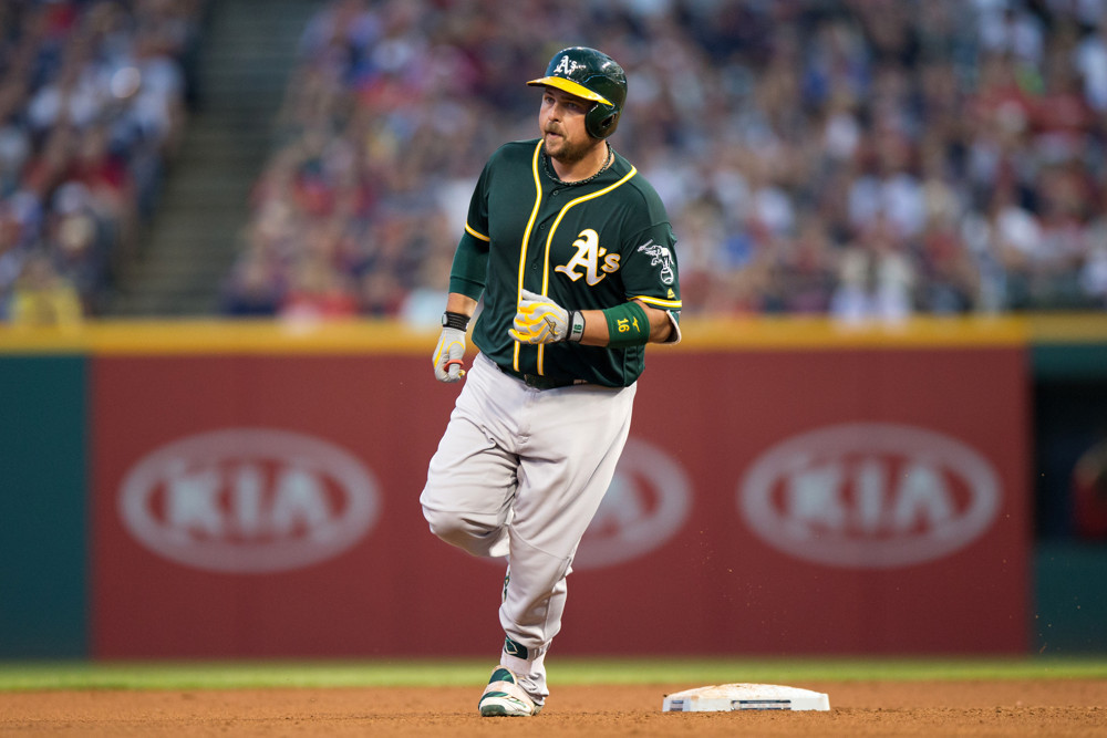 30 July 2016 Oakland Athletics Designated hitter Billy Butler  rounds the bases after hitting a home run during the fourth inning of the Major League Baseball game between the Oakland Athletics and Cleveland Indians at Progressive Field in Cl