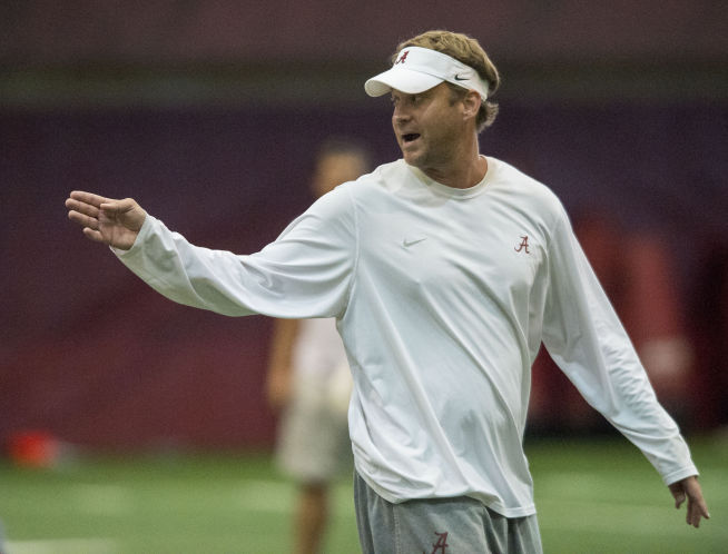 Alabama offensive coordinator Lane Kiffin works with his players at the NCAA college football team's practice Wednesday Aug. 24 2016 in Tuscaloosa Ala. ALBIN404